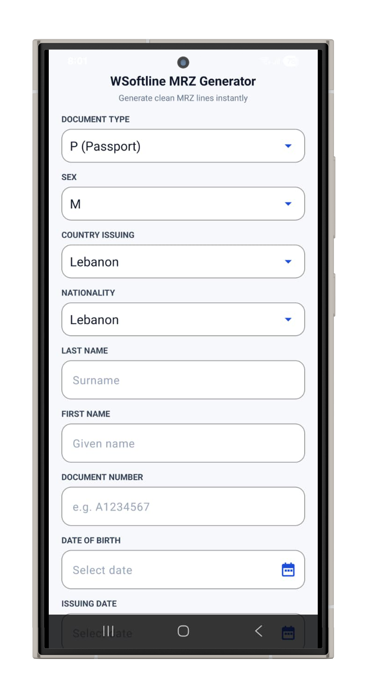 MRZ Generator app preview